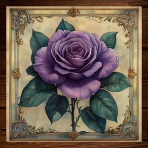 May include: A detailed illustration of a purple rose with green leaves and a thorny stem. The rose is centered within a decorative, ornate frame with gold accents and a cream-colored background. The artwork is set against a dark wood grain backdrop.