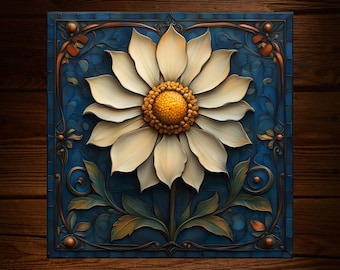 Daisy Floral Art Nouveau Decorative Tile | Drink Coaster | Glossy Ceramic | Hand Made