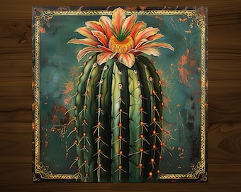 Cactus Art Nouveau Decorative Tile | Drink Coaster | Desert Home Decor | Glossy Ceramic | Hand Made