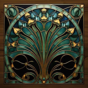May include: A stained glass window with a teal and gold design of stylized leaves and flowers.