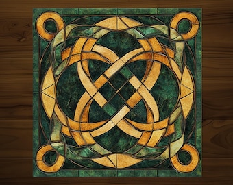 May include: A square-shaped stained glass design with a Celtic knot pattern. The knot is in gold and the background is a dark green color.