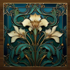 May include: A square, Art Nouveau-style artwork featuring stylized white lilies with gold accents against a teal and dark teal background. The design includes gold outlines and decorative elements, creating a stained-glass effect. The artwork is framed with a gold border.