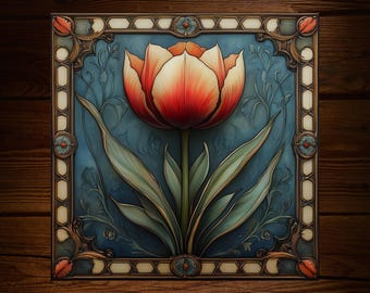 Art Nouveau Tulip Tile: Decorative Floral Glossy Ceramic Botanical Decor Art Deco