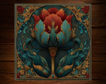 Stylized Art Nouveau Tulip Tile: Decorative Floral Glossy Ceramic Decor Art Deco | Drink Coaster