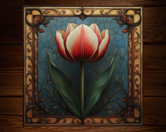 Stylized Art Nouveau Tulip Tile: Decorative Floral Glossy Ceramic Botanical Decor Art Deco