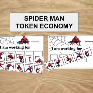 Puede incluir: Un gráfico de economía de fichas con temática de Spider-Man imprimible. El gráfico tiene dos secciones, cada una con una imagen de Spider-Man y el texto "Estoy trabajando para". El gráfico tiene una cuadrícula de cuadrados con imágenes de Spider-Man en diferentes poses.
