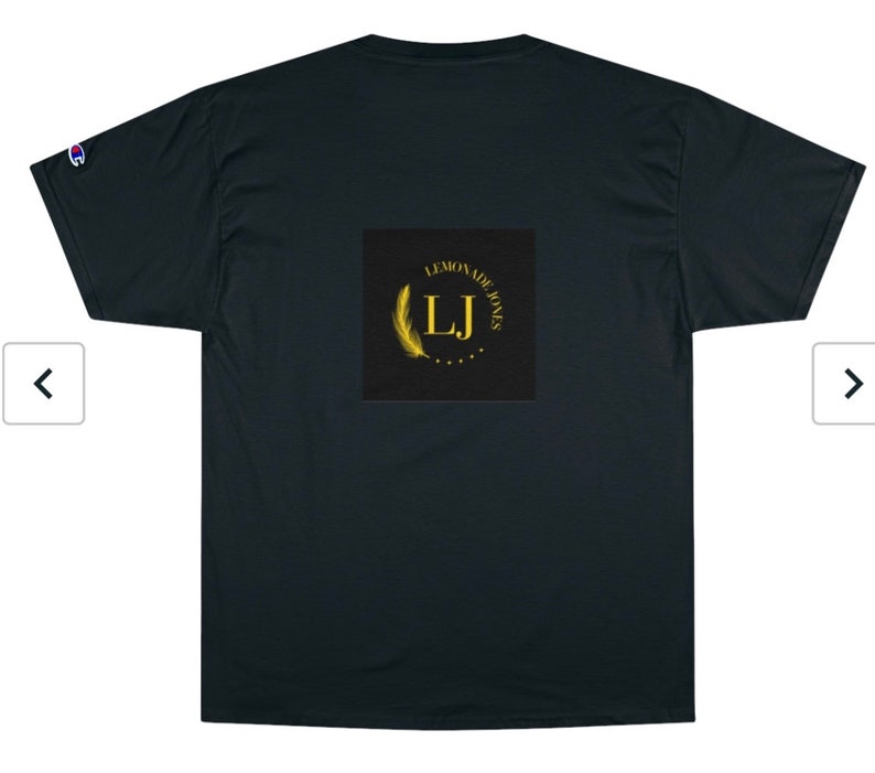 May include: Black t-shirt featuring a gold logo that reads "Lemonade Jones" with a feather and the initials "LJ" within a circle.