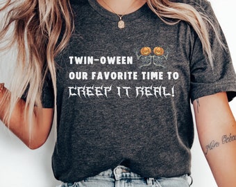 Funny Halloween Skeleton twin Shirt, Creepy halloween tee for twins, Funny Halloween pumpkin T-Shirt,  Halloween Gifts, Creep it Real Twins