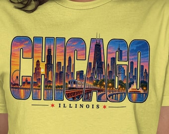 Vintage Chicago Skyline T-Shirt, Retro Illinois City Sunset Graphic Tee, Chicago Souvenir Shirt, Aesthetic Travel Gift for Men & Women