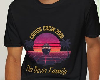 Custom Cruise Crew 2026 T-Shirt | Retro Sunset Palm Cruise Shirt