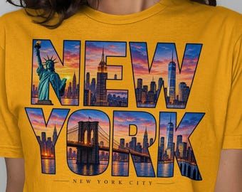 New York City T-Shirt, NYC Skyline Shirt, Retro Sunset Brooklyn Bridge Graphic Tee, Statue of Liberty Travel Souvenir Shirt, Urban City Gift