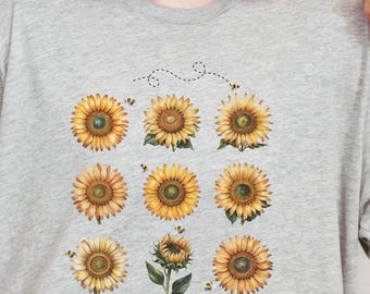 Sunflower Cottagecore T-shirt, Botanical Bee Tee, Nature Lover Shirt, Floral Garden Top, Spring Summer Fashion