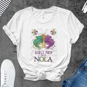 ガールズトリップ2024 Tシャツ、NOLA、マルディグラ、ニューオーリンズ、バケーションシャツ、グループマッチング、カスタムセレブレーション、パーティーTシャツ