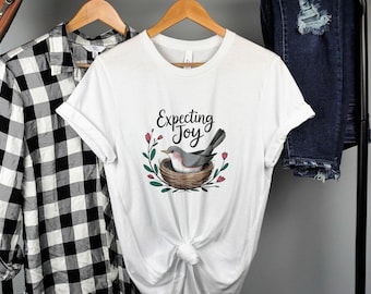 Expecting Joy T-Shirts, Bird in Nest Graphic, Pregnancy Announcement Tees, Floral Design, Motherhood Gift, New Mom Present