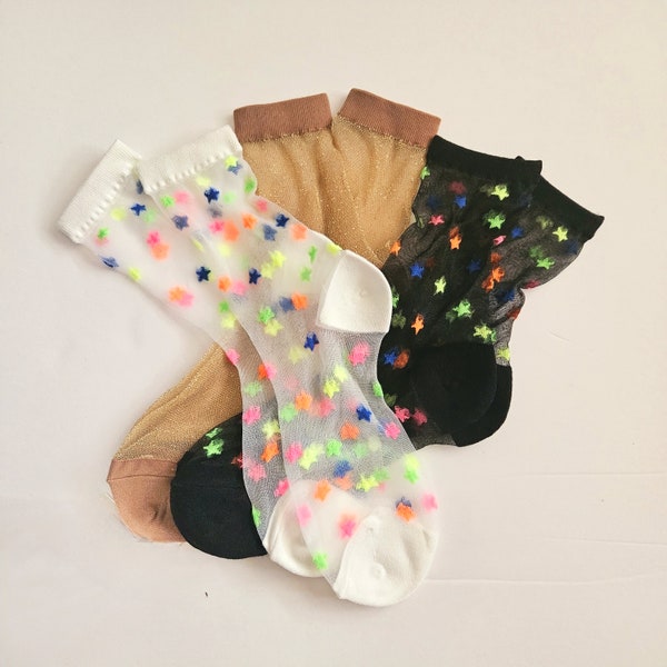 Thin Sheer Crew Socks With Small colorful Star, Transparent Lace Socks, Shine Summer Breathable Casual woman socks, Glass fiber Stocking