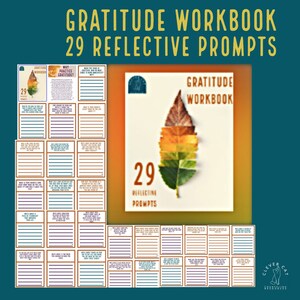 Puede incluir: Un cuaderno de gratitud con 29 indicaciones para la reflexión. La portada presenta una hoja colorida con un degradado de naranja, amarillo y rojo. El título "Gratitude Workbook" está escrito en negro sobre fondo blanco. El número "29" está escrito en blanco sobre fondo negro. El texto "Reflective Prompts" está escrito en negro sobre fondo blanco.