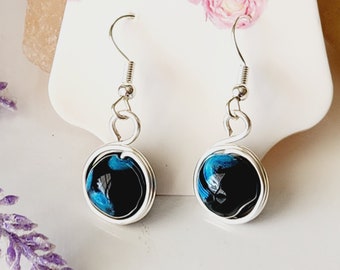 Blue Agate Stone Dangle Earrings: Silver-Plated Wire Wrapped