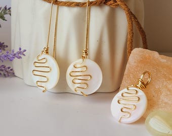 Gold Wire Wrapped White Natural Shell Earrings and Pendant, Boho Chic, Minimalist