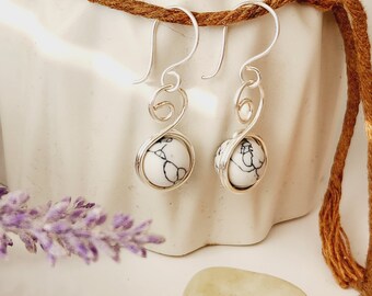 Gemstone Earrings, Silver Wire Wrapped White Howlite Stone Drop Earrings, Handmade Beaded Jewelry