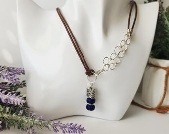 Boho Double Leather Cord Necklace with Cobalt Blue Glass Pendant