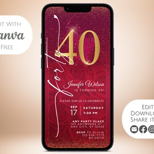 40th Birthday Invitation Template Red and Gold Invitation Editable 40th Birthday eVite Electronic Invite Phone invitation Canva template