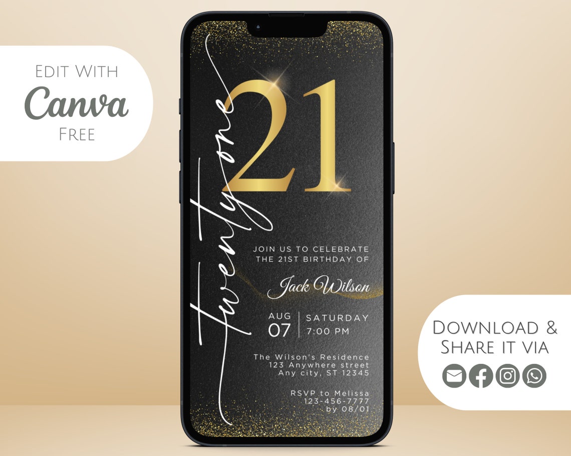 Black and Gold 21st Birthday Invitation Template (digital) - Etsy