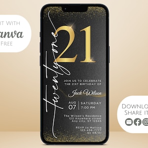 21st Birthday Invitation Template Digital 21st Birthday Invite Black and Gold Invitation Electronic Invite Phone Invitation Mobile eVite