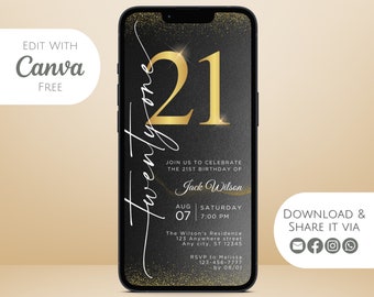 Black and Gold 21st Birthday Invitation Template (Digital)