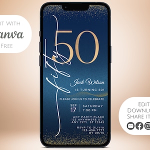Modello di invito per il 50° compleanno Invito blu e oro Invito elettronico modificabile per il 50° compleanno eVite Invito telefonico Modello Canva