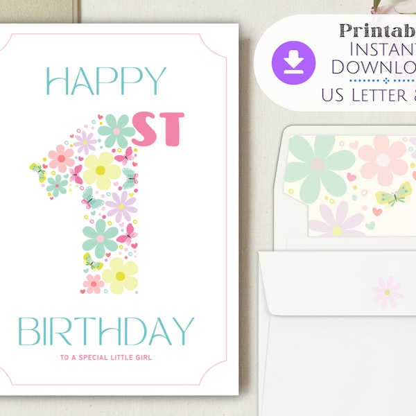First Birthday Printable, 1st Birthday Printable, Printable Birthday Card, 1st Birthday Card, First Birthday Card, First Birthday Card Girl,