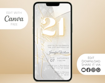 21st Birthday Invitation Template, White and Gold (Digital)