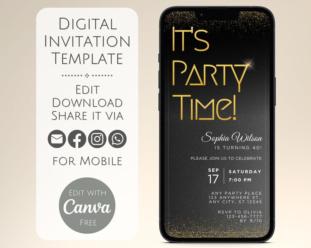 Black and Gold Party Invitation Template Editable Birthday Evite ...