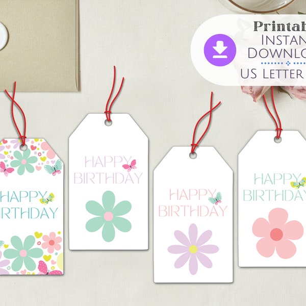 Printable Happy Birthday Tag, Birthday Gift Tag, Floral Birthday Tags, Flower BirthdayTags,
