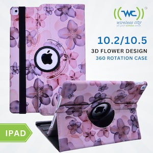 May include: A pink and purple floral iPad case with a 360-degree rotating stand. The case has a black elastic band to hold the iPad in place. The case is designed for iPad models 10.2 and 10.5 inches. The text "((wc)) wireless city all your wireless needs" is printed on the case.
