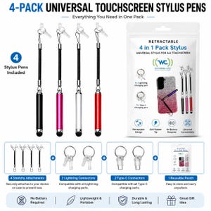 May include: A 4-pack of universal touchscreen stylus pens in black, pink, silver, and red. Each pen features a retractable design, a soft rubber tip, and a stretchy attachment with lightning and type-c connectors for device compatibility.