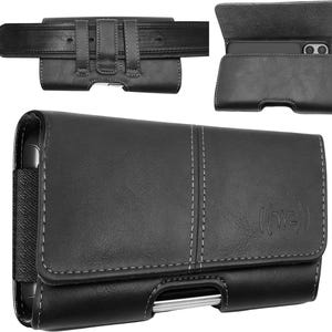 May include: Black leather phone case with a belt loop and magnetic closure. The case has white stitching and a logo on the front. The phone case is designed to be worn on a belt.