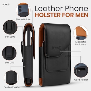 Wireless City Leather Vertical Phone Holster for Men Fit Phone 15 Plus Horizontal Cell Phone Case for 15/14 Pro Max,Belt Case with Belt Clip