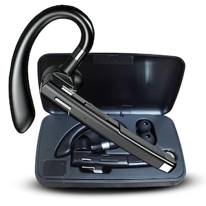May include: A black Bluetooth headset with an ear hook and a charging case. The headset is shown open, revealing the earpieces and charging components. The design is sleek and modern, suitable for hands-free communication.