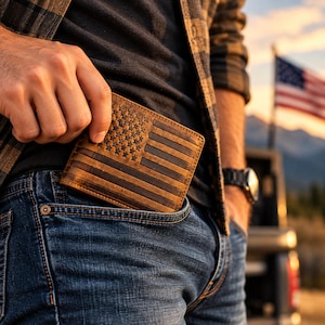 May include: A brown leather bi-fold wallet featuring an embossed American flag design on the exterior. The wallet is partially tucked into the front pocket of blue denim jeans, showcasing the detailed star and stripe pattern on the leather.