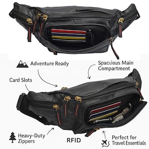 RFID-protected leather fanny pack with credit card slots and key ring