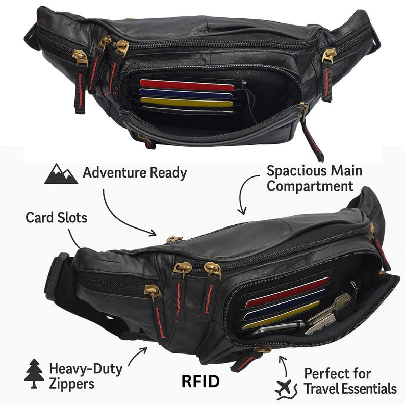 RFID-protected leather fanny pack with credit card slots and key ring
