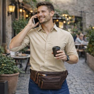 May include: A brown leather fanny pack with multiple zippered compartments and a front pocket. The fanny pack is worn around the waist. The person is wearing a tan button-down shirt and blue jeans. A black watch is on the wrist.