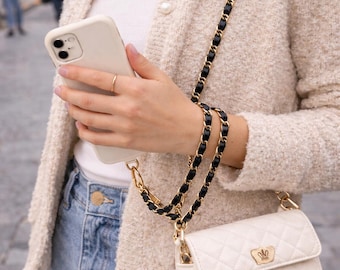 Leather Crossbody Phone Strap, Universal Cell Phone Lanyard, Anti-Theft Metal Chain, Hands-Free Phone Holder, Adjustable Mobile Strap
