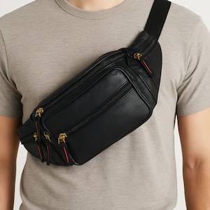 Outdoor travel hip purse showing multiple compartments and water bottle holder