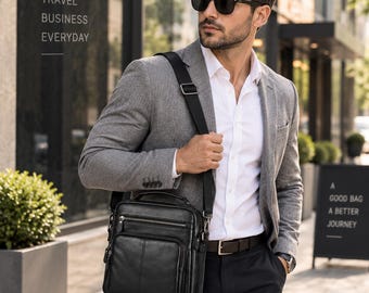 Bolso bandolera de piel auténtica para hombre, bolso cruzado negro, bolso pequeño de viaje, bolso de negocios, regalo de piel retro