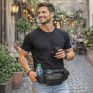 May include: A black leather fanny pack with multiple compartments, including a water bottle holder and a pocket for a phone. The pack is worn around the waist. A person is wearing the fanny pack, a black t-shirt, and blue jeans.