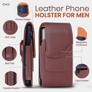 Wireless City Leather Vertical Phone Holster for Men Fit Phone 15 Plus Horizontal Cell Phone Case for 15/14 Pro Max,Belt Case with Belt Clip