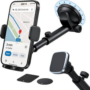 May include: A black car phone mount with a suction cup base and adjustable arm. The mount holds a smartphone displaying a navigation app. Includes two adhesive metal plates for alternative mounting.