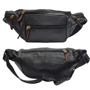 May include: Two black leather fanny packs with multiple zipped compartments and adjustable straps. The bags have gold-coloured zips with red and black accents. The top bag is shown from a front view, and the bottom bag is shown from a side view.