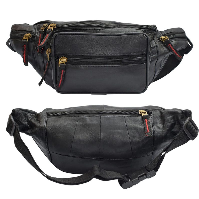 May include: Two black leather fanny packs with multiple zipped compartments and adjustable straps. The bags have gold-coloured zips with red and black accents. The top bag is shown from a front view, and the bottom bag is shown from a side view.